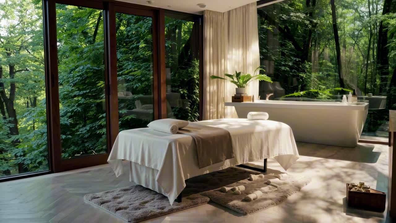 A serene spa room with a massage table and bathtub, surrounded by nature