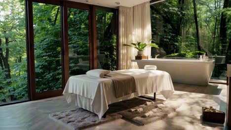 a serene spa room with a massage table and bathtub, surrounded by nature