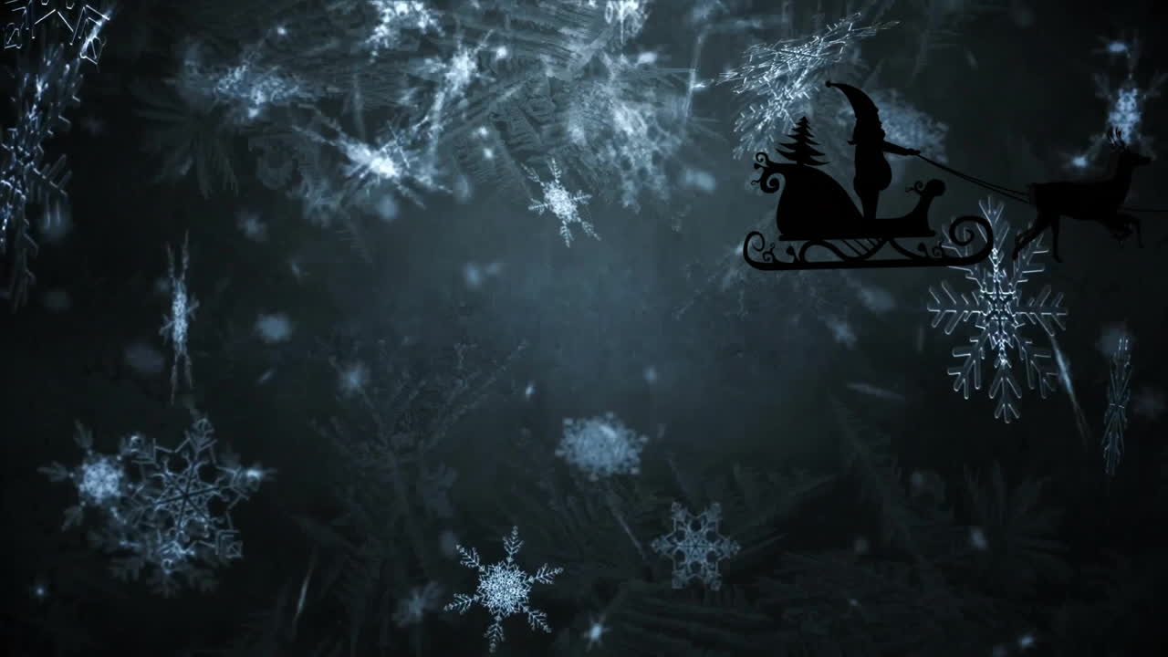 Snowflakes falling with geometric patterns animation over dark background