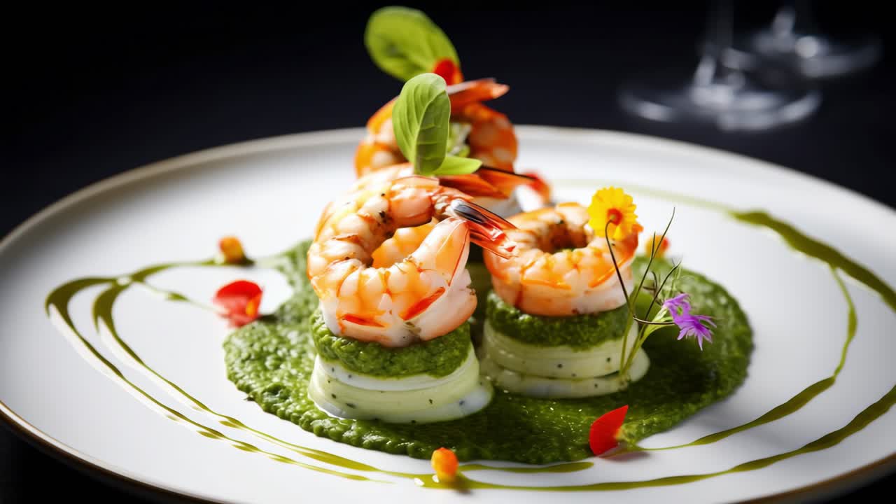 Three delicious gourmet shrimps are laying on a vegetable puree with edible flowers, creating a sophisticated and visually appealing culinary experience