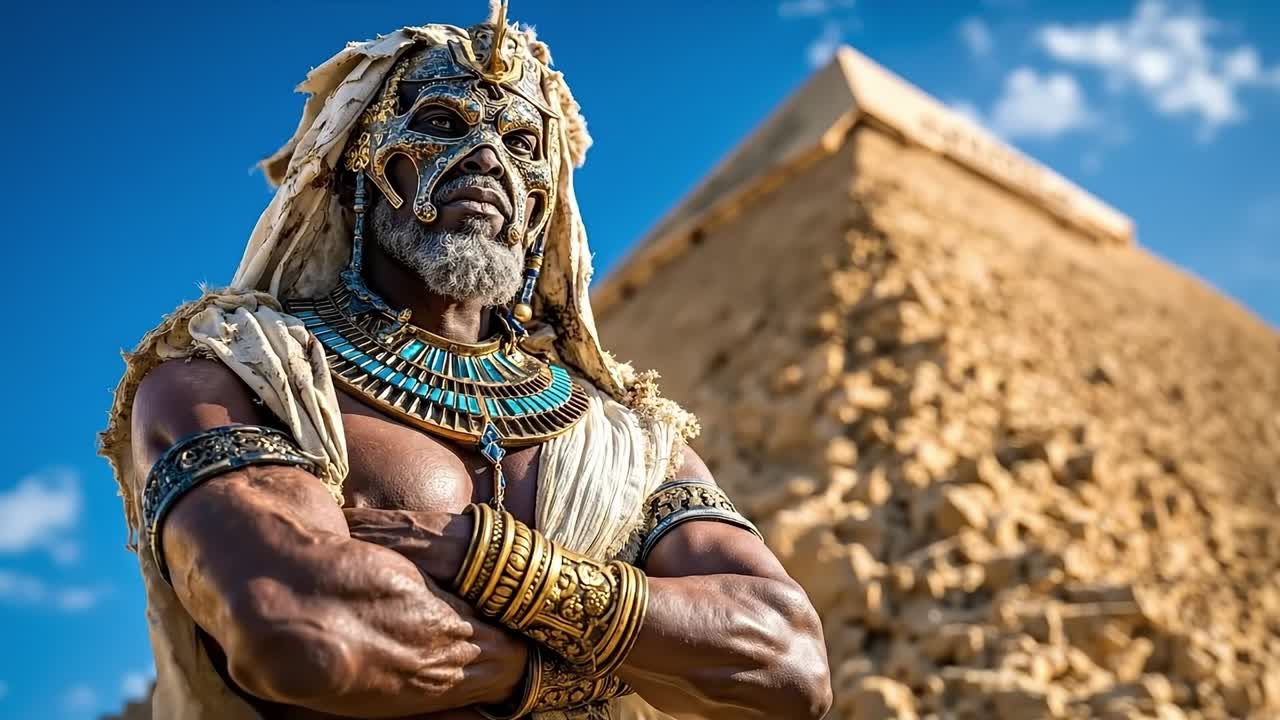 피라미드 앞에 서 있는 의상을 입은 남자