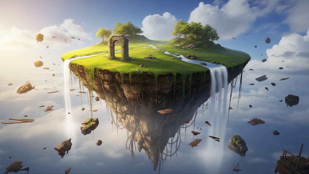 Aerial View of a Floating Island Surrounded by Ethereal Clouds and Cascading Waterfalls, Featuring Lush Greenery and Mystical Ruins