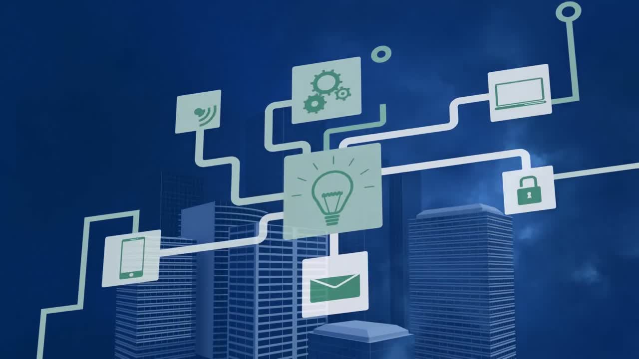 Animation of media icons over cityscape