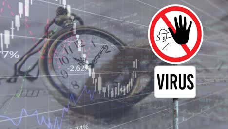 Animation-Der-Finanzdatenaufzeichnung-Und-Vintage-Uhr-Mit-Stop-Virus-Schild