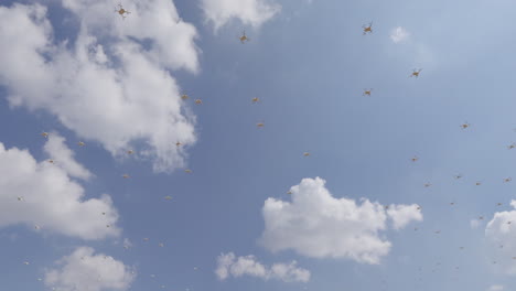 muchos drones quadcopter volando en el cielo azul claro - inclínate hacia arriba