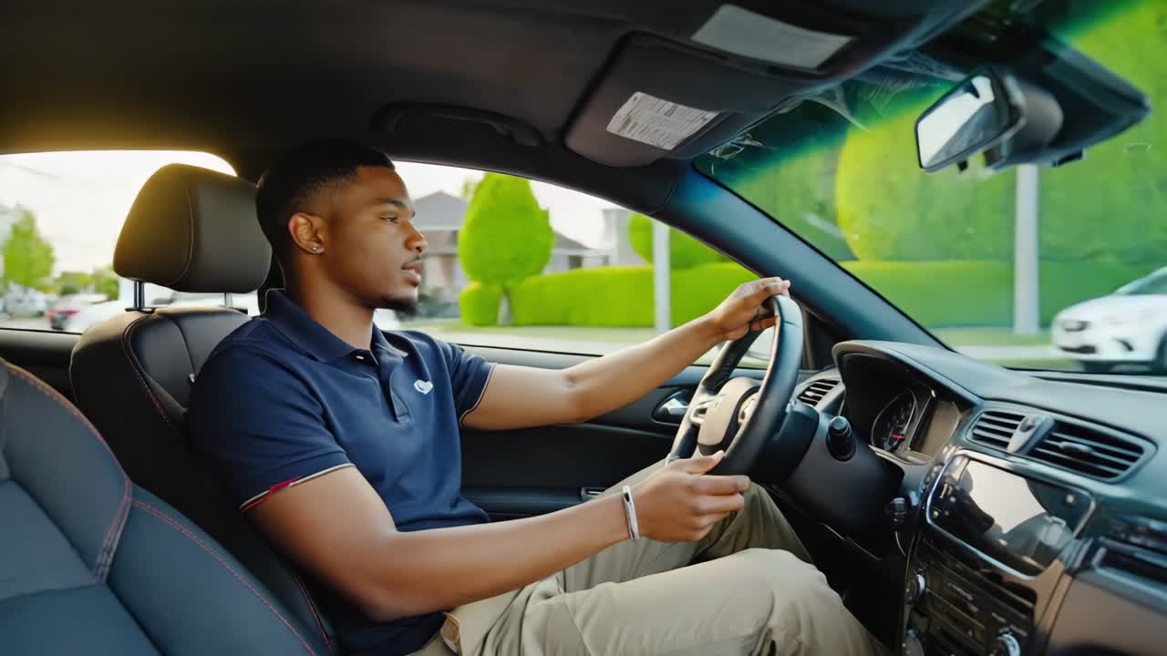Driving scene montage featuring young man in automobile, presenting multiple video takes for editing and compositing purposes, showcasing variations of driving interior and road environment