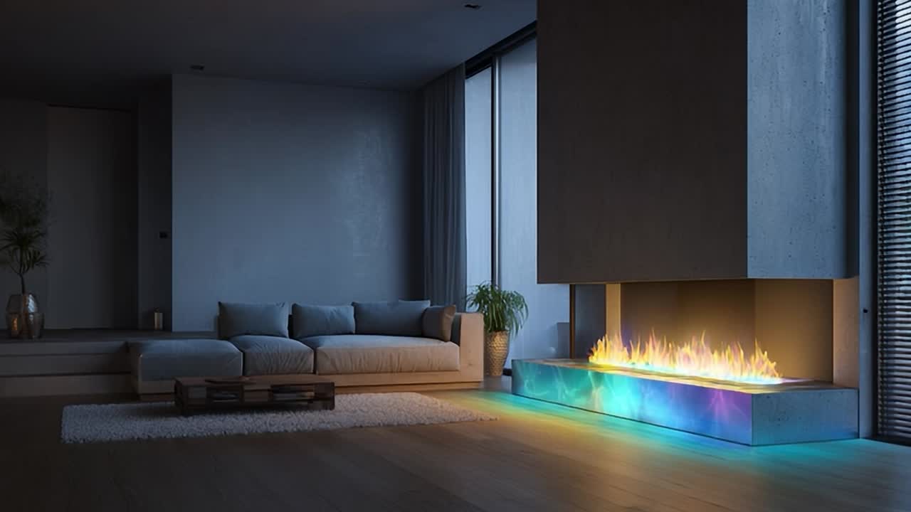 Cozy modern living room with colorful fireplace in evening light