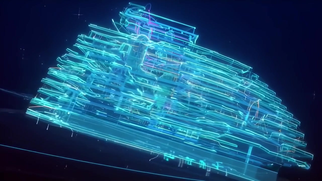 Animated 3D Wireframe Building with Glowing Lines