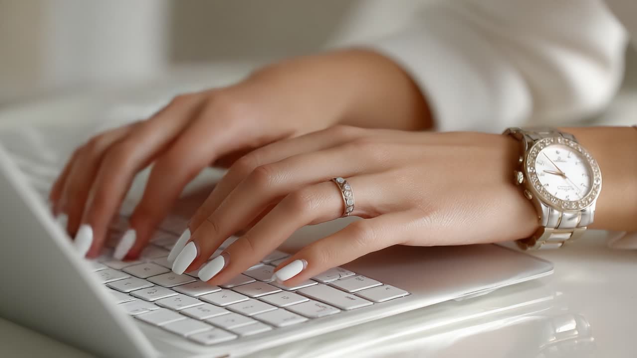 Elegant Hands Typing on a Modern Keyboard, Showcasing a Stylish Watch and Perfectly Manicured Nails in a Softly Lit Environment