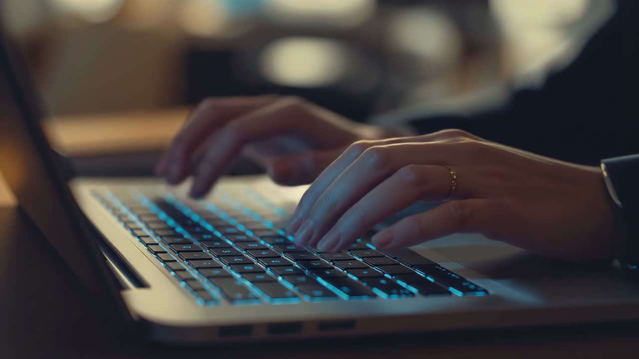Typing woman's hands drafting document on backlit laptop keyboard at office desk, with warm light