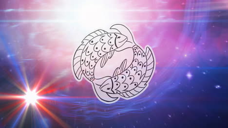 animation of pisces star sign symbol over glowing stars