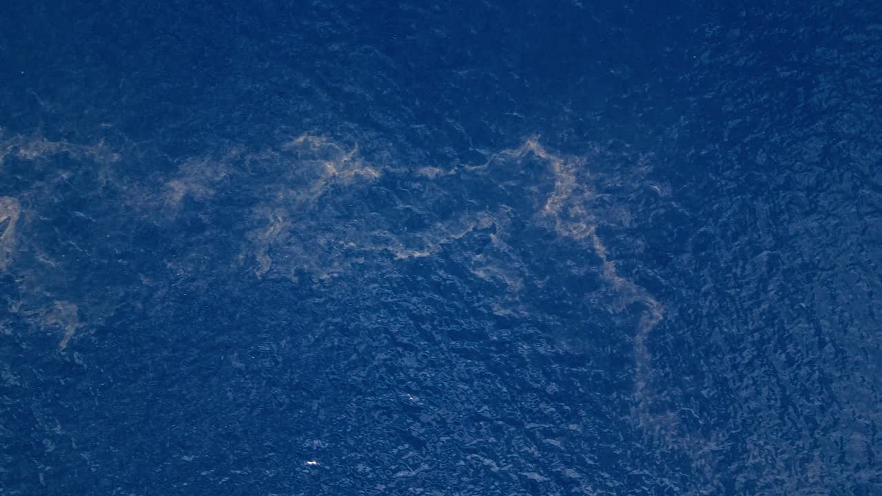 쓰레기 폐수 어리 갈색 물이 카리브해 푸른 바다에 떠다니고 있습니다.