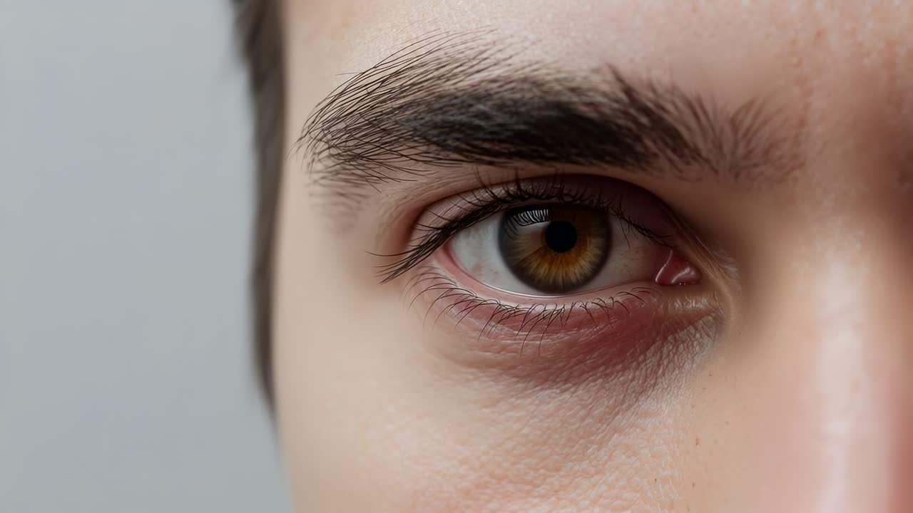 Reacción del ojo derecho con pupila dilatándose al reflejo del aro de luz en el estudio, párpado abriéndose ligeramente