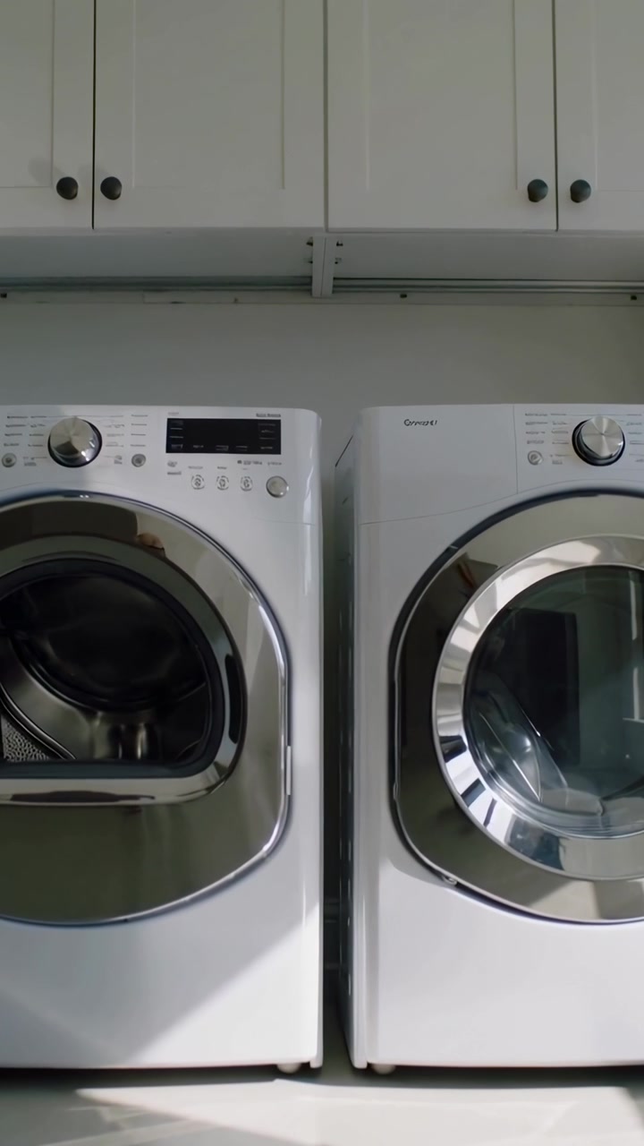 Vertical video: Tilting camera capturing white washer and dryer in home laundry, sunlight shifting