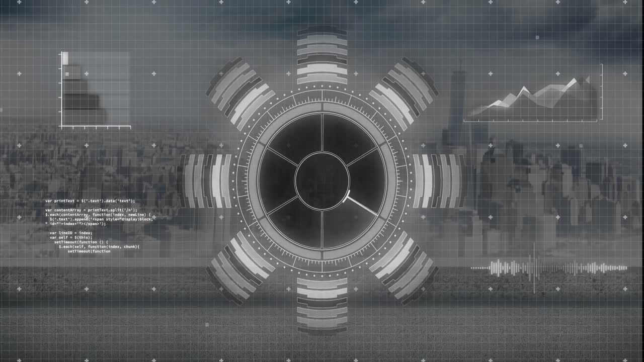 도시 풍경 위의 데이터 처리 애니메이션