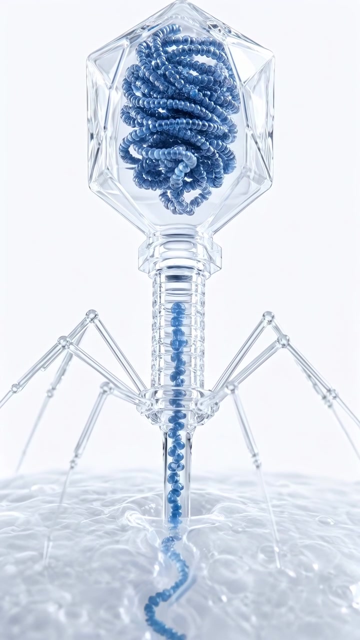 Transparent particle with blue internal structure floats above liquid surface as visible components shift over time, forming microscopic imagery with bright lighting and minimal white background.