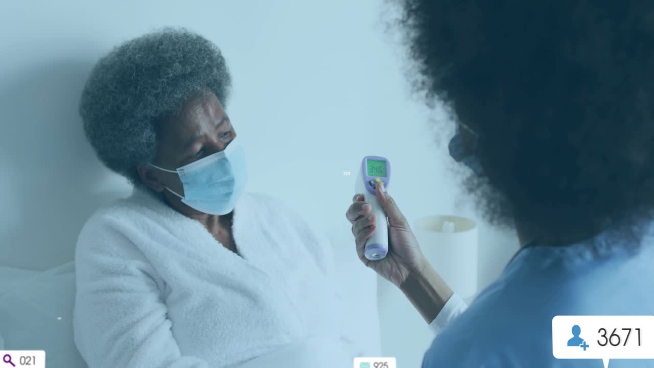 Caregiver raising infrared thermometer at bedside for health monitoring adding floating data labels