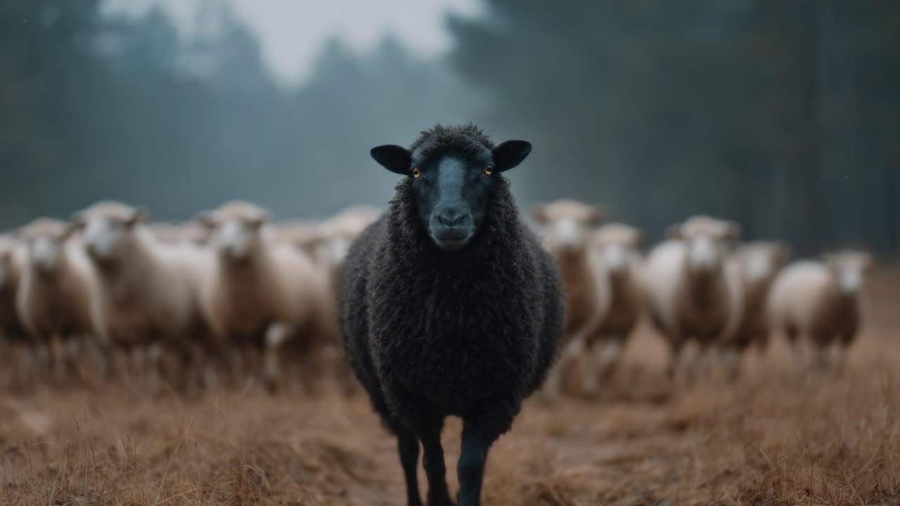A solitary black sheep stands confidently in the foreground while a herd of white sheep follows behind, set against a misty forest landscape, creating a striking visual contrast