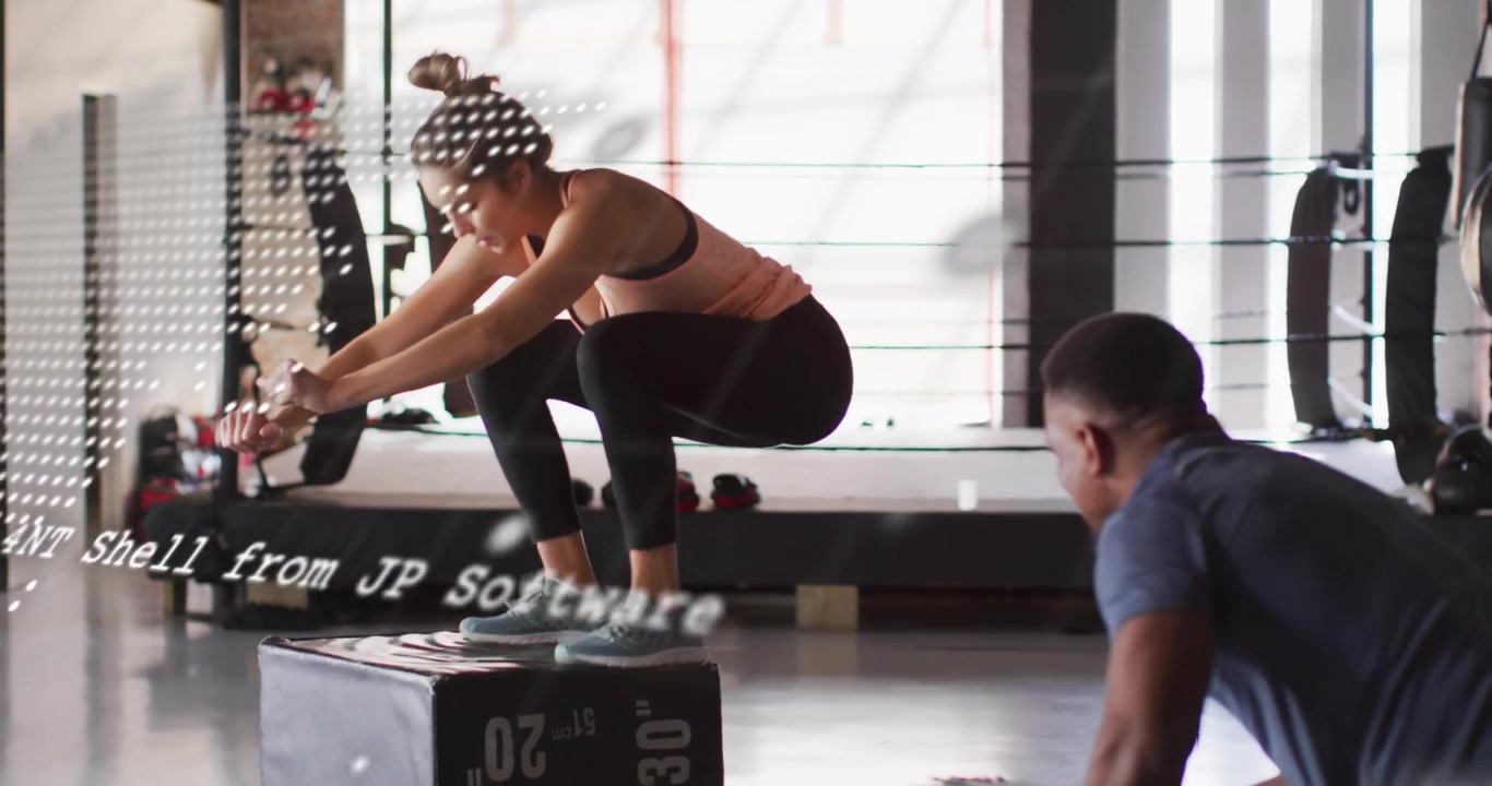 Female athlete performing box jumps in fitness gym on coach count, tracking data with code overlay