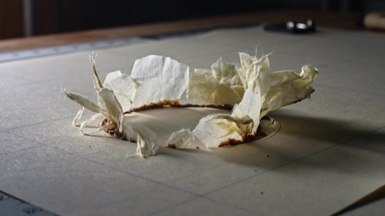 Telecamera in movimento che rivela un anello di carta che solleva fibre su un tappetino a griglia, con righello e oggetto metallico sfocati.