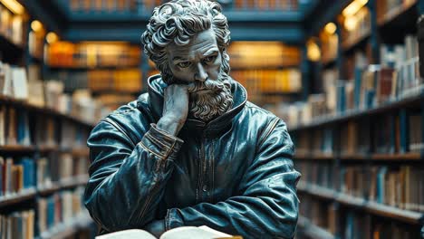 library statue deep in thought surrounded by ancient books