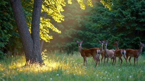 deers in a sunny forest meadow