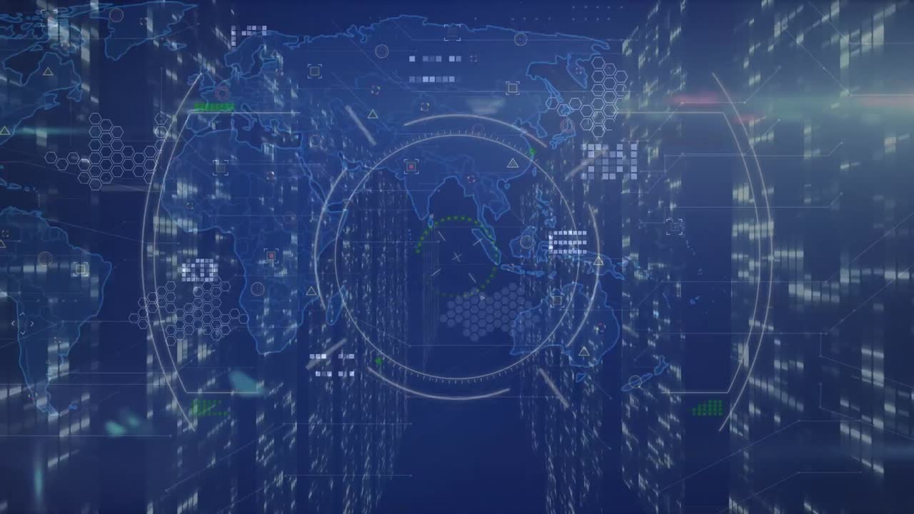 Animation of scope scanning over world map on black background