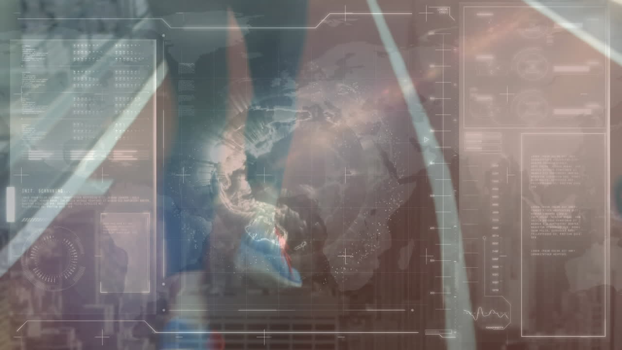 animación del procesamiento de datos en la interfaz digital sobre las mujeres que corren en la pista deportiva cubierta