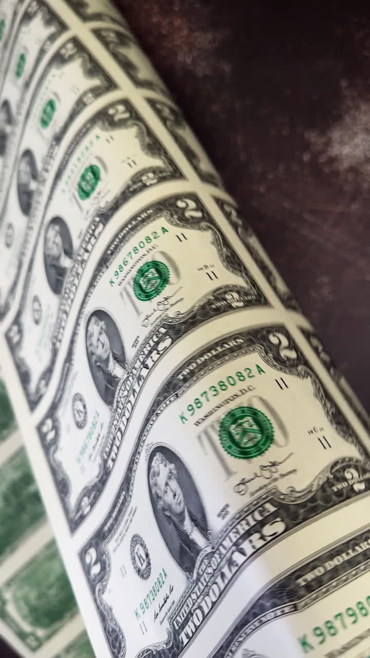 Foglio con due banconote da dollaro piegate a tubo. Primo piano. Denaro americano. Video verticale.
