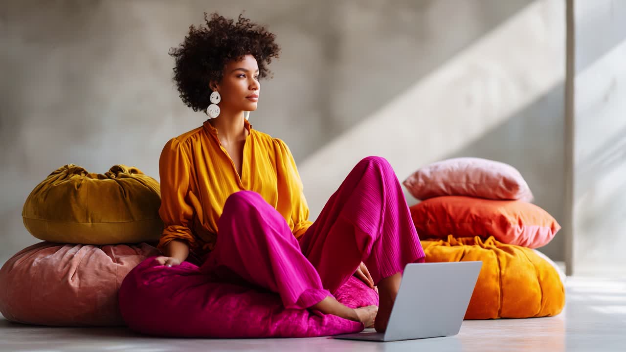 A young woman sits comfortably on vibrant cushions, intensely focused on her laptop, blending modern technology with a cozy, inviting interior design aesthetic
