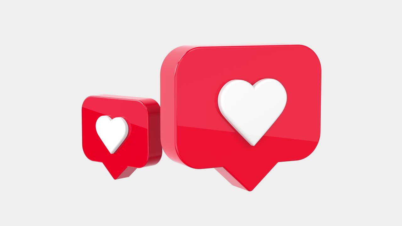 Instagram Red Icons Heart Like Notification on a white background with alpha matte, Green Screen. Social media likes. 4K 3D Rendering Animation