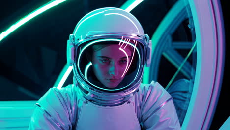 close-up of an astronaut in a futuristic setting with neon lights