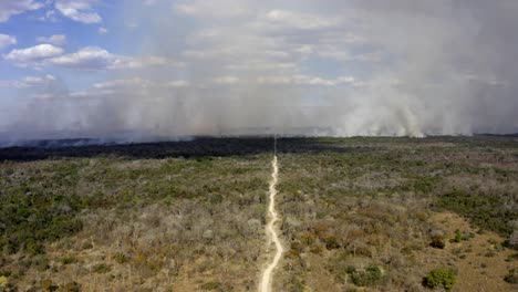 smoke from deforestation fires burning in the brazilian pantanal pollute the sky - push in aerial view