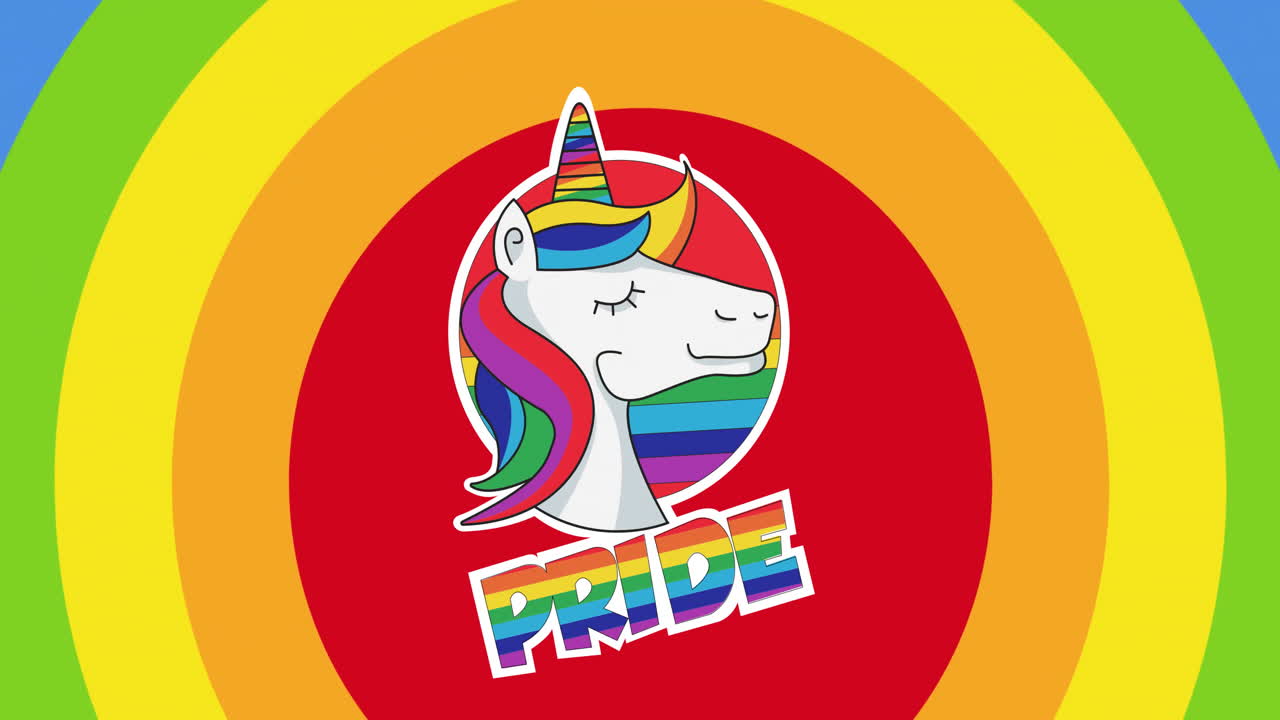 unicornio de color arco iris con animación de texto de orgullo sobre un fondo circular vibrante