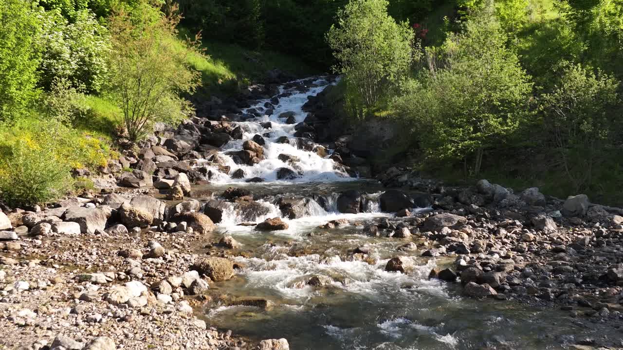Rushing stream with clear water flowing over rocks, surrounded by lush greenery and a rocky shoreline in Weesen, Switzerland