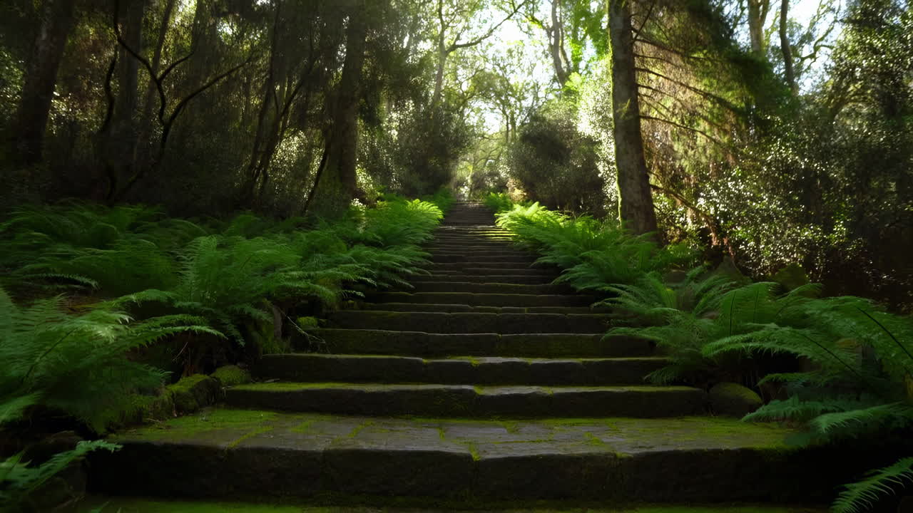 Mossy Stone Steps Leading Through Lush Fern Forest, Dappled Sunlight Filtering Through Canopy, Tranquil