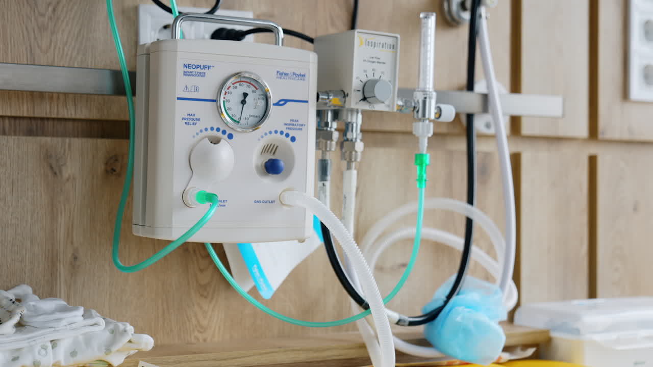 Medical device for checking infant on the Apgar scale after birth. Resuscitation equipment in delivery room close up.