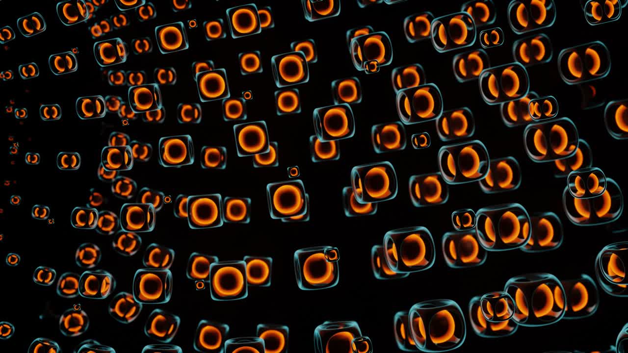 animación de bolas que rebotan en un cubo con un resplandor de neón abstracto.