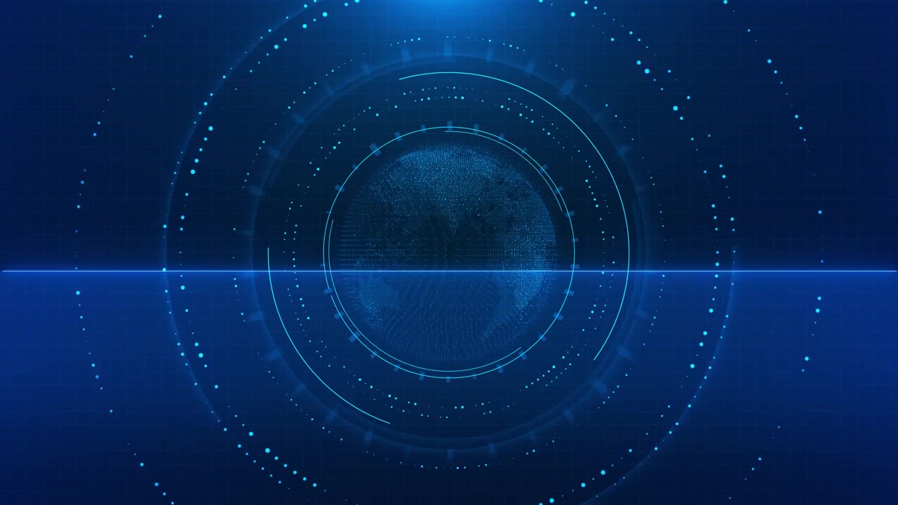 Blue global hud interface with rotating rings dotted globe grid texture and digital data marks