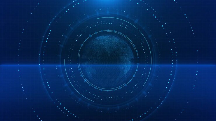 Blue global hud interface with rotating rings dotted globe grid texture and digital data marks