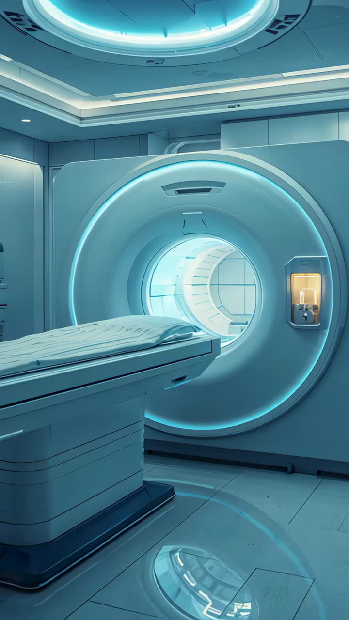 Video verticale: telecamera in movimento che si avvicina al foro dello scanner in una clinica, mostrando il tavolo, il pannello per la risonanza magnetica
