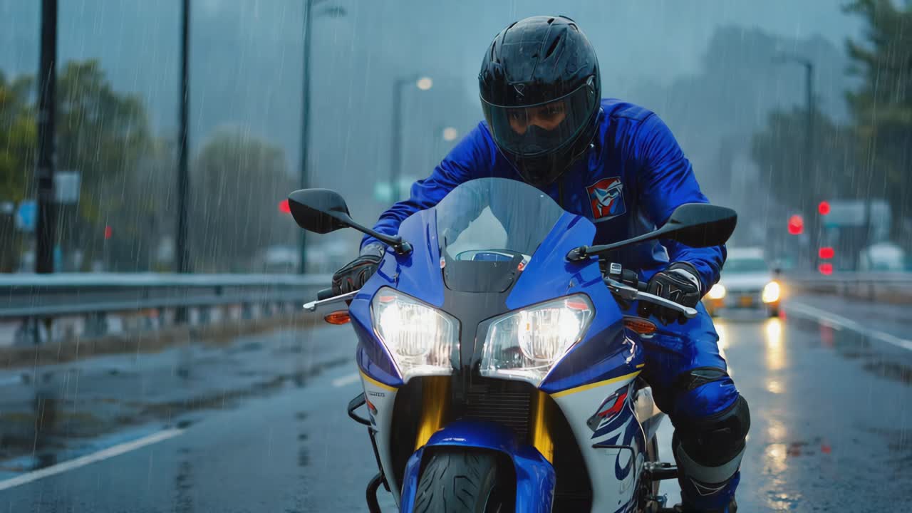 Motorcyclist riding in the rain