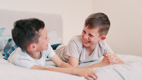 children, laughing and conversation on bed