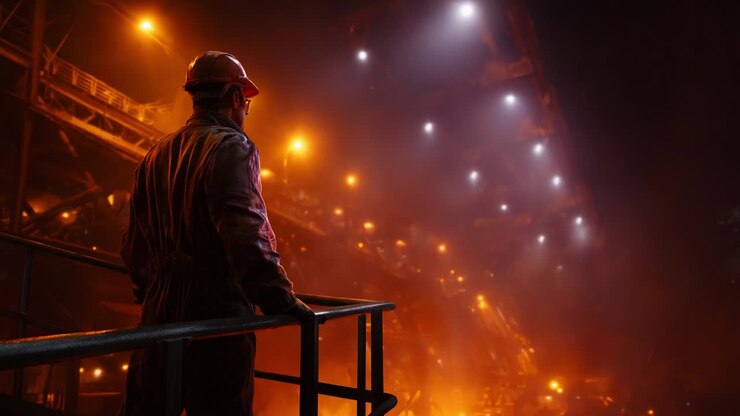 Una figura solitaria si erge su una piattaforma che si affaccia su un enorme stabilimento industriale, avvolto da un caldo bagliore arancione, che rappresenta il cuore della produzione e dell'innovazione, fondendo lavoro e tecnologia.