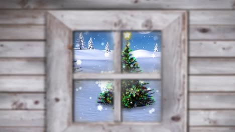 animation of snow falling over christmas tree and winter scenery seen through window
