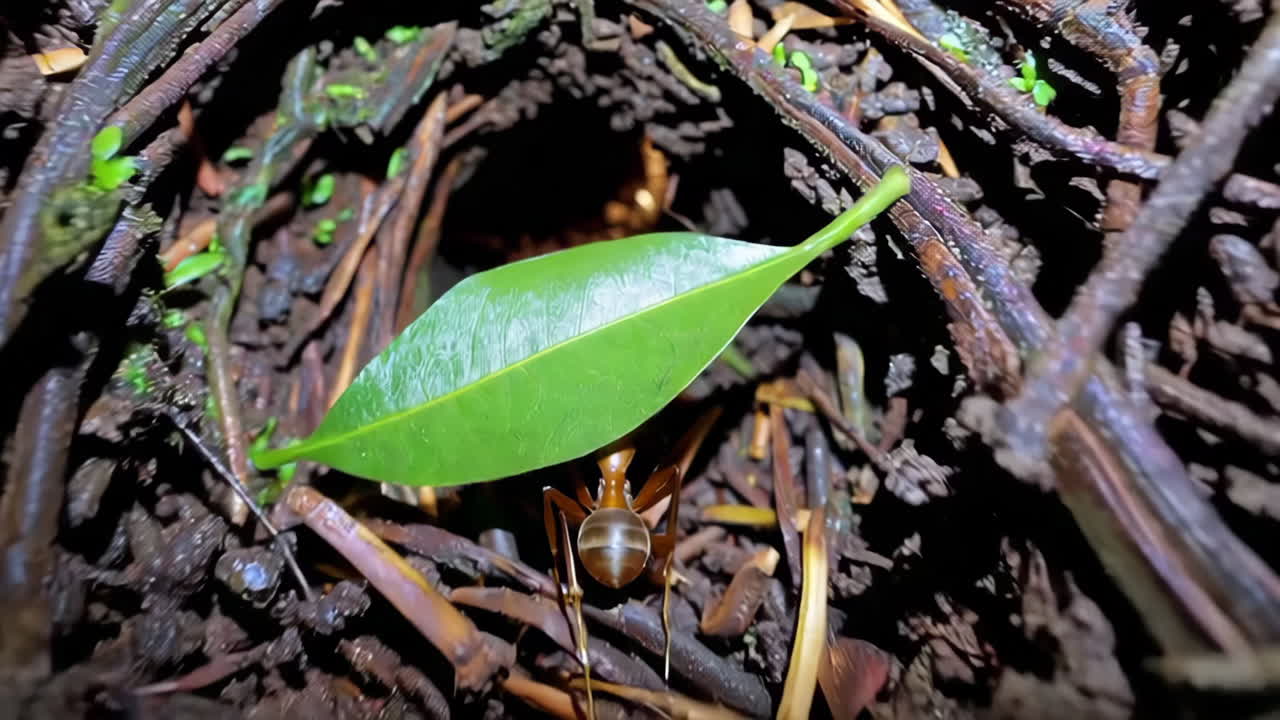 Close-up of a Weaver Ant Carrying a Leaf