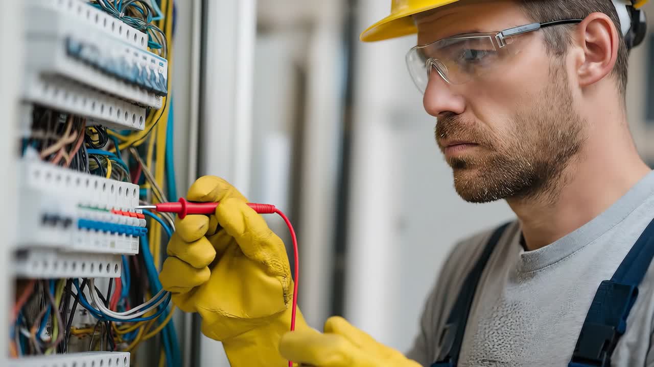 Electricista reparando un panel eléctrico con guantes de seguridad