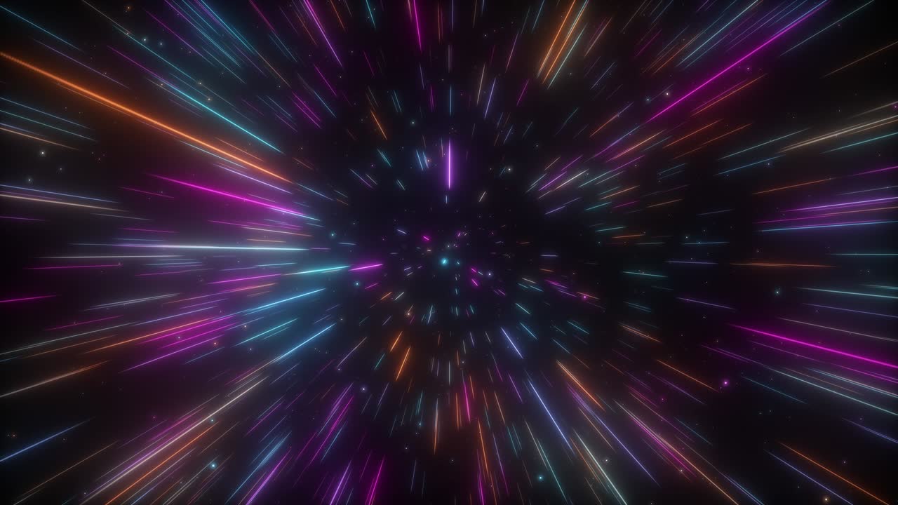 fondo del hiperespacio cósmico. velocidad de la luz, neón brillante rayos abstractos y estrellas en movimiento. moviéndose a través de estrellas. bucle sin costuras animación 4k