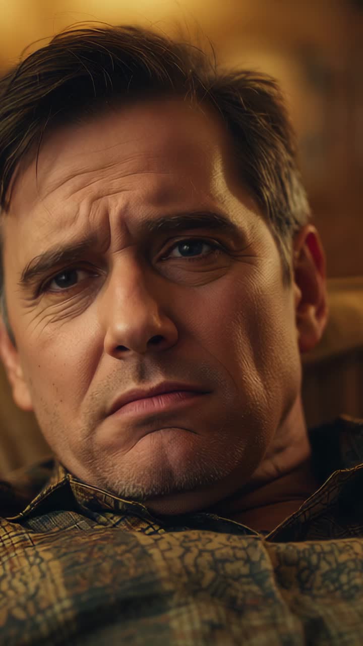 Vertical video: Hearing, man lying tracking eyes and frowning at home on sofa, shirt, warm light