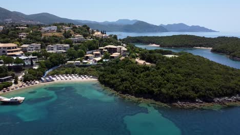 aerial revealing of syvota seashore beach bay in a sunny day, greece